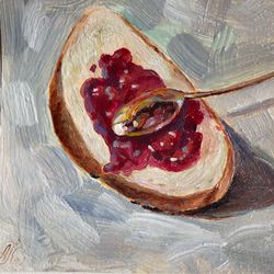Bun with jam food art modern painting original oil painting art painting 6 x 6 inches