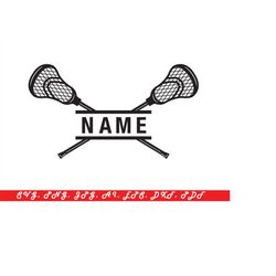 Sports Clipart: Two Split Crossed Lacrosse Sticks and Ball Space for Name Frame to Personalize Players. Teams - Digital