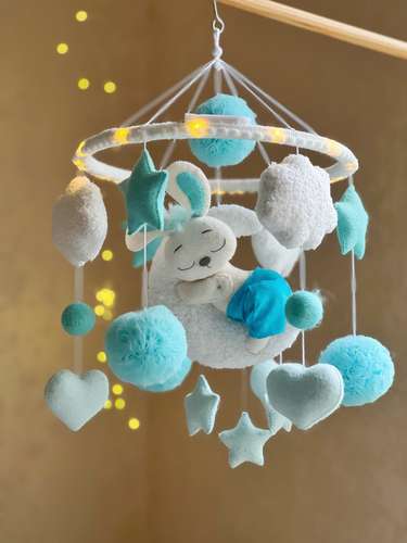 Bunny mobile crib. Baby boy mobile nursery. Musical mobile handmade