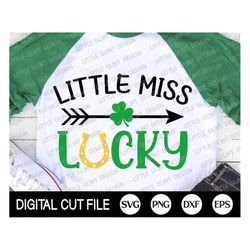 st patricks day svg, little miss lucky, shamrock svg, clover svg, lucky svg, kids shirt design, svg files for cricut, si