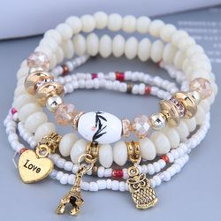 Bracelets de poignet a perles Vintage pour femmes, nouvelle mode, multicouches, perles, hibou, coquille, coeur, charmant