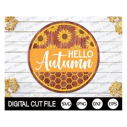 hello autumn svg, fall welcome sign, sunflower svg, autumn round sign, thanksgiving svg, farmhouse porch sign, png, svg