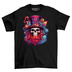 psychedelic steampunk skull & beard t-shirt tee top men's black cotton shirt mens goth fantasy shirts dark graphic t-s