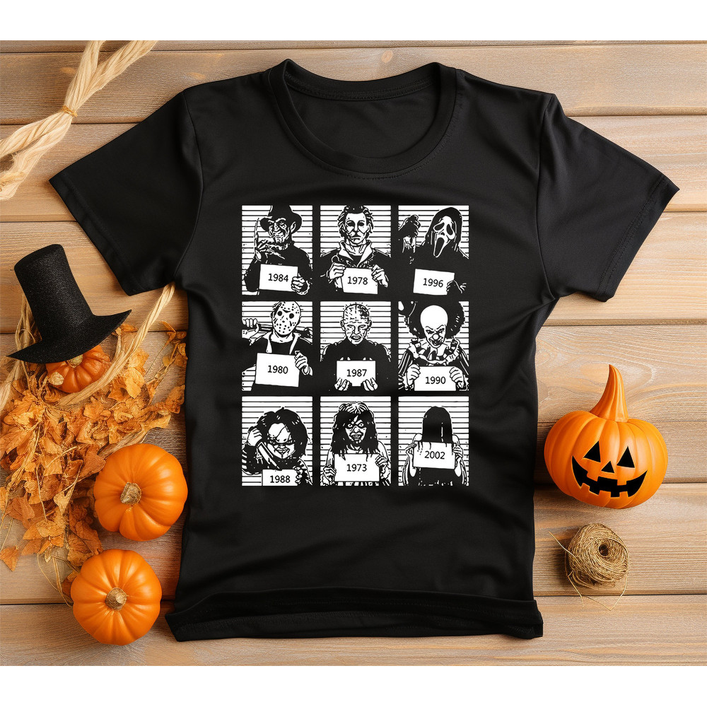Horror Movie Mugshot T-Shirt Vibrant Graphic Print, No Fade Soft Black Shirt Neat Stitching Unisex Halloween Shirt Men & Women.jpg