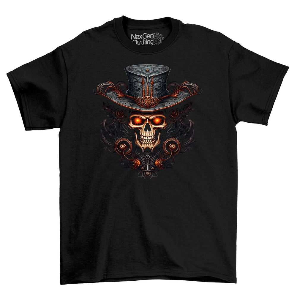 Detailed Skull Head Wearing A Cowboy Hat T-Shirt Tee Top Men's Black Cotton Shirt Mens Goth Fantasy Shirts Dark Graphic T-Shirts.jpg