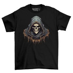 the grim reaper skull hooded gothic style t-shirt tee top men's black cotton shirt mens goth fantasy shirts dark graph