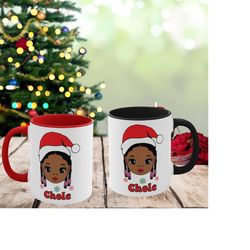 personalized black girl christmas mug, hot chocolate mugs, secret santa gift, kids christmas mugs, childrens hot cocoa m