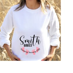 multiples baby announcement sweatshirt, custom name and date mum to be sweater, baby footprint belly print pullover jump