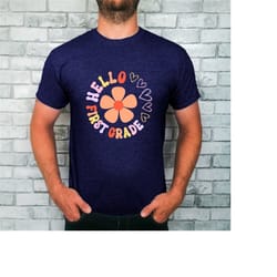 hello first grade retro flower teacher t-shirt for back to school teacher shirt, teaching tee for womens teacher gift.