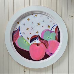 Round original acrylic painting Pink and Green Apples