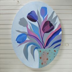 Oval original acrylic painting Blue and Purple Tulips in a vase
