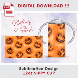 Inflated 3D Puffy Halloween Pattern - Seamless Sublimation Pattern - 12oz SIPPY CUP - Full Cup Wrap