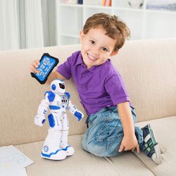 blue smart robotic toy for kids, talks and dances