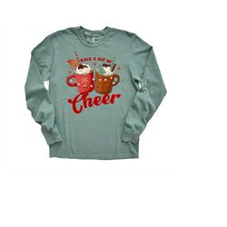 long sleeve retro christmas comfort colors shirt, have a cup of cheer hot cocoa, vintage holiday shirt, santa shirt, ret