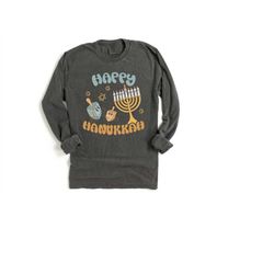retro hanukkah long sleeve comfort colors shirt, happy hanukkah shirt, holiday shirt, jewish saying shirt, holiday shirt