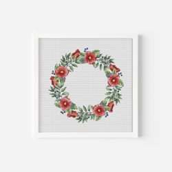 Poppy Wreath Cross Stitch Pattern PDF Round Wreath with Flowers Counted Cross Stitch Floral Hand Embroidery Digital File