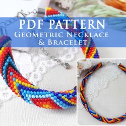 Colorful geometric necklace PDF pattern, Seed bead blue crochet rope bracelet diy, Beading jewelry pattern for adult