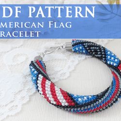 PDF pattern USA flag bracelet, Native American seed bead crochet bracelet tutorial, Independence Day bracelet pattern