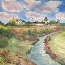 Old fortress landscape original watercolour painting hand painted modern painting wall art original artwork 8x11 inch