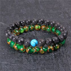 Natural Volcanic Lava Bead Bracelet for Men and Women, 2 Pieces/Set, 8mm Distance, Round Charm, Beaded Stone