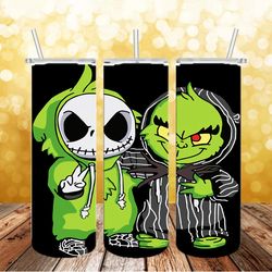 jack skellington and grinch tumbler png, halloween friends jack grinch 3d 20oz skinny tumbler template png, png file