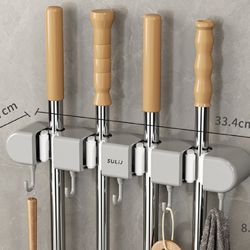 wall-mounted broom & mop holder- mop hanger broom storage rack w 5 slots 6 hooks