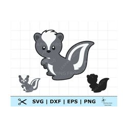 Skunk SVG. Cricut cut files, Silhouette. Layered files. Skunk DXF, Skunk PNG, Skunk eps. Baby Skunk Clipart.  Cartoon sk