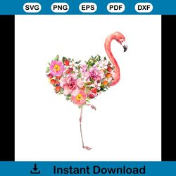 pink flamingo bird with floral heart svg, heat svg, red and pink flowers svg, watercolor for valentine day svg, love svg