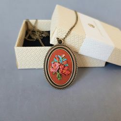 Hand embroidered pendant for her,  4th wedding anniversary gift, Christmas gift and Mother day gift