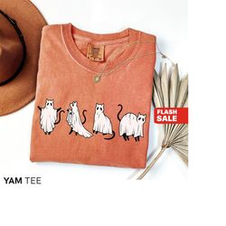 cat halloween shirt, vintage halloween sweatshirt ghost, comfort colors fall shirts for women