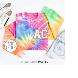 chenille patch personalized sweatshirt with initials, custom crewneck sweatshirt, monogrammed shirt tie dye embroidered