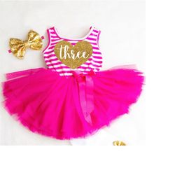 3rd Birthday Dress Third Birthday Dress Pink and Gold 3rd Birthday Outfit Girl Third Birthday Outfit Hot Pink Tutu Dress
