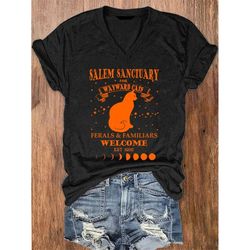 women's salem sanctuary for wayward cats print v-neck t-shirt, salem sanctuary shirt, wayward cats, witch shirt, salem a