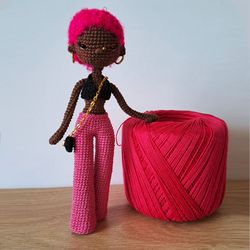Dark skin crochet doll. African american doll in pink. sexy doll. Crochet african doll, miniature doll.