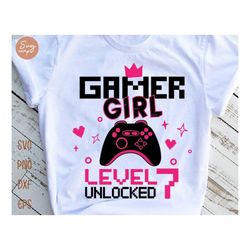 gamer girl level 7 unlocked svg, 7th birthday girl gamer, 7 years old gamer shirt, video game controller joystick kid de