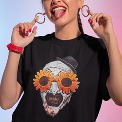 art the clown terrifier 2 sunflower sunglasses classic t-shirt, art the clown shirt, terrifier shirt - a609