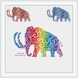 Cross stitch pattern Mammoth silhouette floral ornament rainbow monochrome ancient elephant animal counted crossstitch
