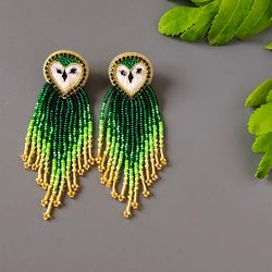 Owl earrings, native american jewelry, long earrings stud, beaded bird earrings, handmade earrings