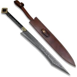 Morf Steelware Damascus Sting Viking Sword, 27 inch Handmade Black Handle Damascus Sword with Leather Sheath, A38