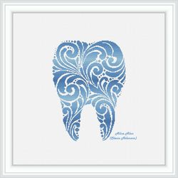 Cross stitch pattern medicine Tooth silhouette floral ornament monochrome blue dentist profession counted crossstitch
