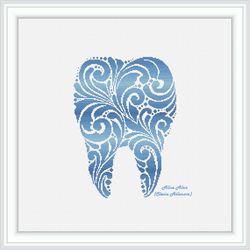 cross stitch pattern medicine tooth silhouette floral ornament monochrome blue dentist profession counted crossstitch