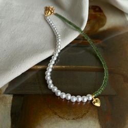 Cute green necklace Golden heart necklace Heart choker Handmade matte choker Aesthetic jewelry for her Gift for her