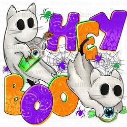 hey boo with ghost cats png, happy halloween png, spooky season png, trick or treat png, halloween ghost png, sublimate