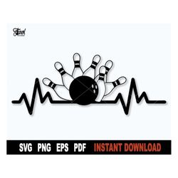 heartbeat bowling ball and pins svg file for cricut, silhouette, bowling pins svg, sport vector clipart, png art - insta