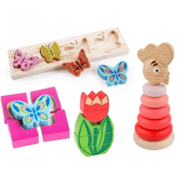 set of wooden toys montessori method  toy sorter pyramid