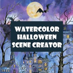 watercolor halloween scene creator, watercolor halloween clipart, watercolor halloween paintings, halloween art