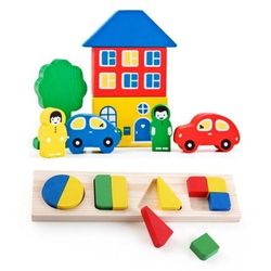 Set of wooden toys Montessori method wooden town constructor toy sorter