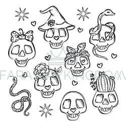 cartoon skulls monochrome halloween vector illustration set