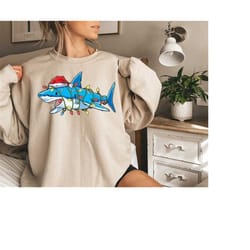 christmas shark shirt, funny christmas shirt, santa hat shark christmas sweatshirt , animal christmas lights santa shirt