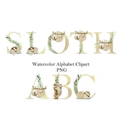 Cute watercolor sloths, safari animals letters, nursery alphabet, baby shower, numbers birthday.